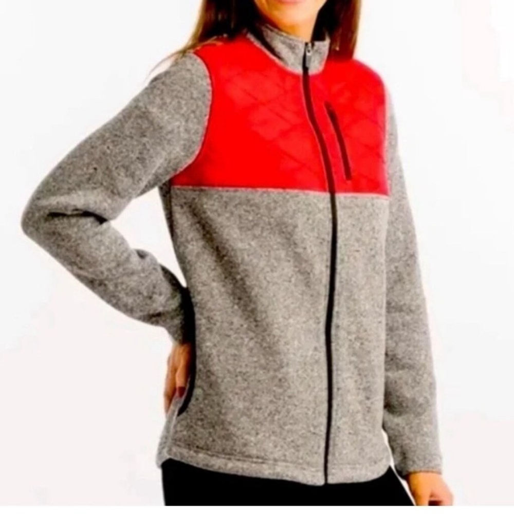 ZYIA Active fleece colour blocked jacket front zip mock neck grey red size med